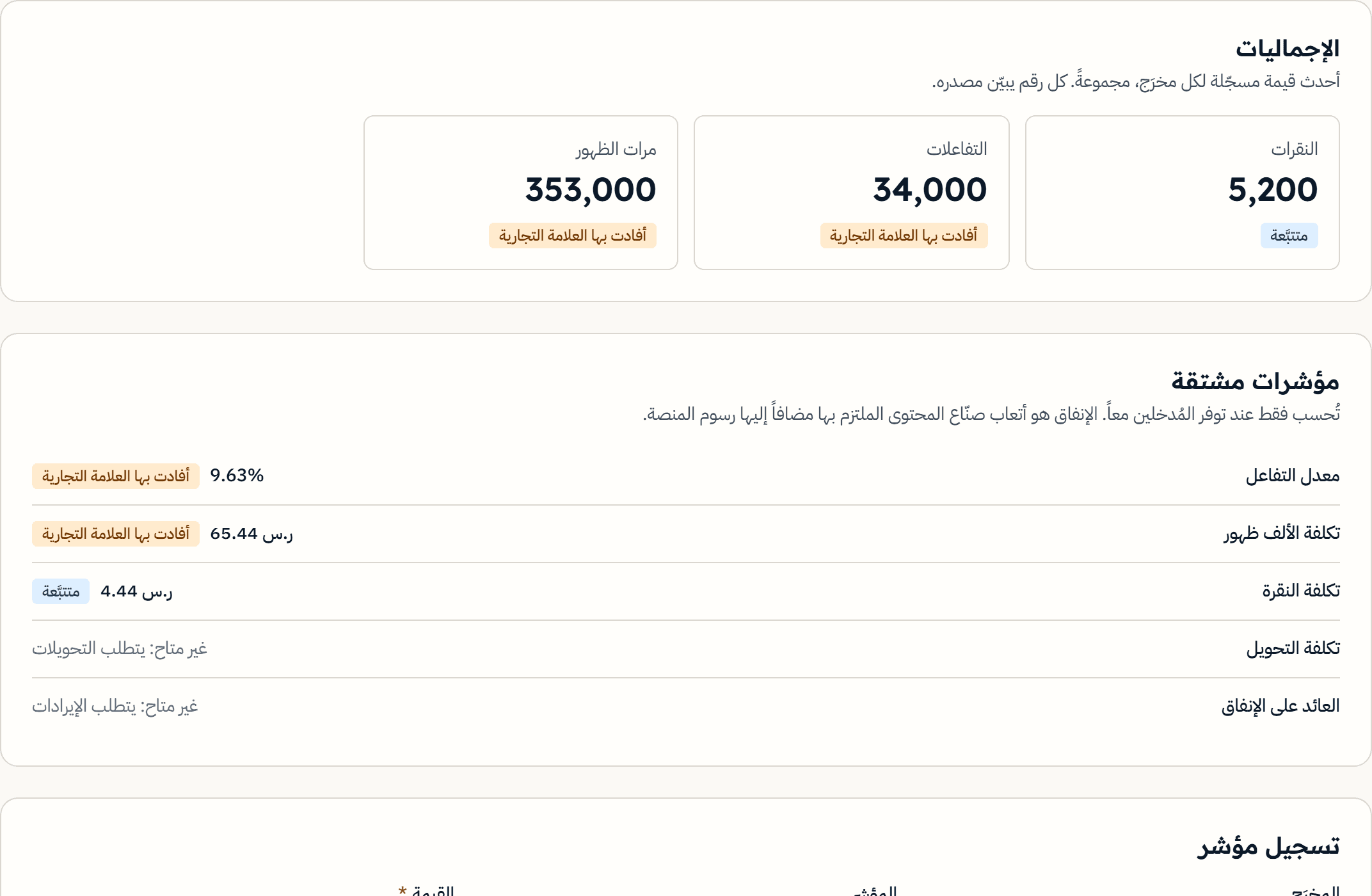 إجماليات الحملة والمؤشرات المشتقة، كلٌّ مع وسم مصدره
