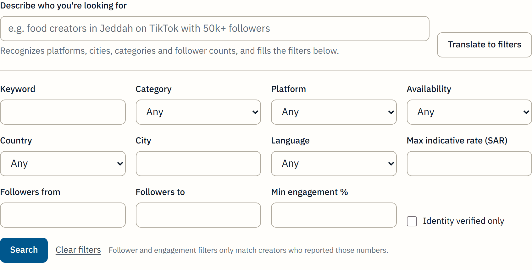Narrowing creator search with filters and adding to the shortlist